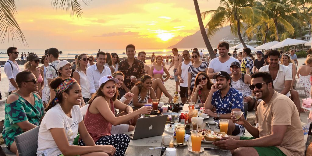 Diverse expats enjoying a sunset beachside gathering in Phuket.