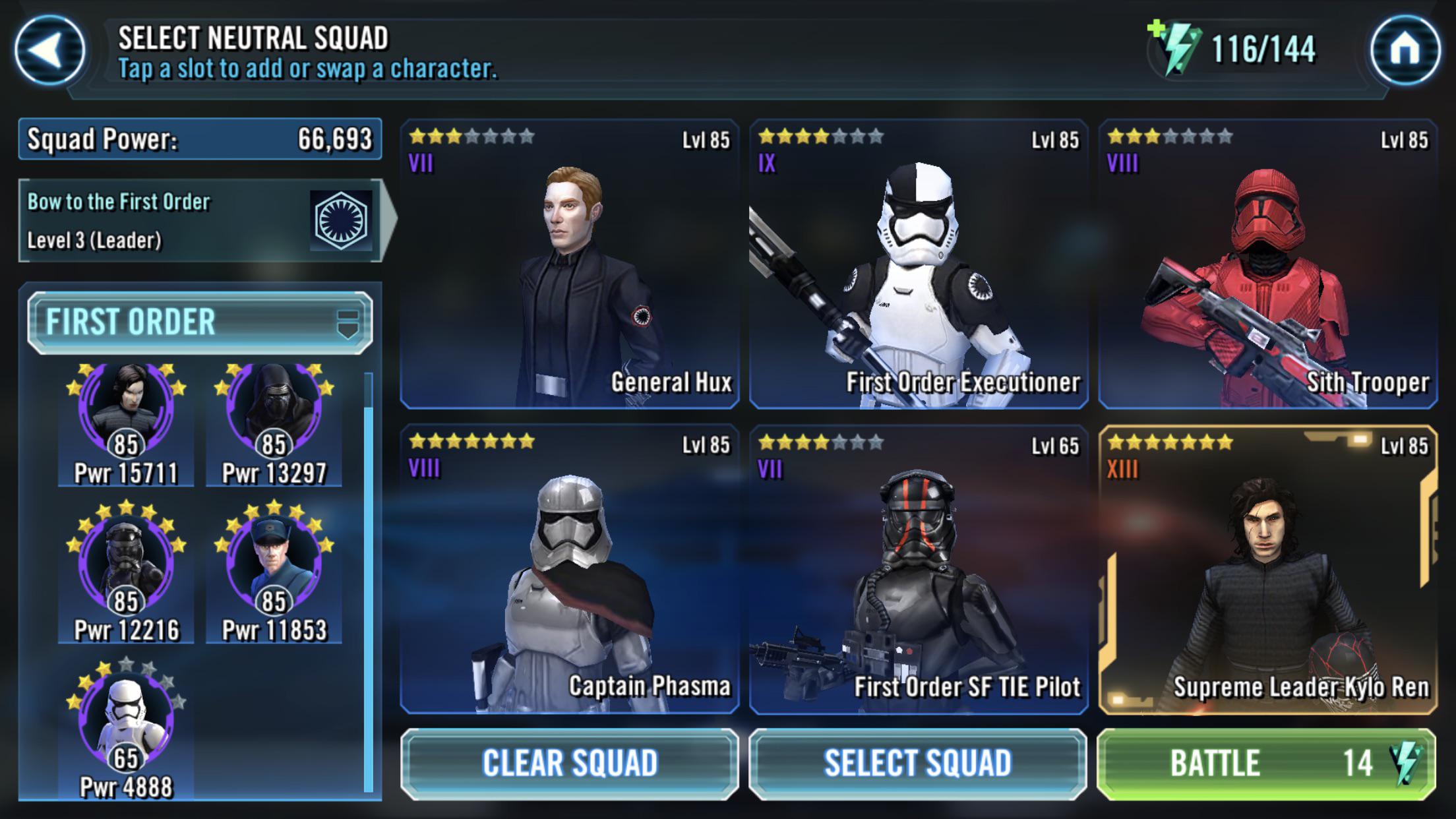 In-game SWGOH store showing character shards and gear items for farming
