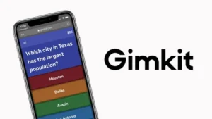 Student answering questions on Gimkit Host game from tablet