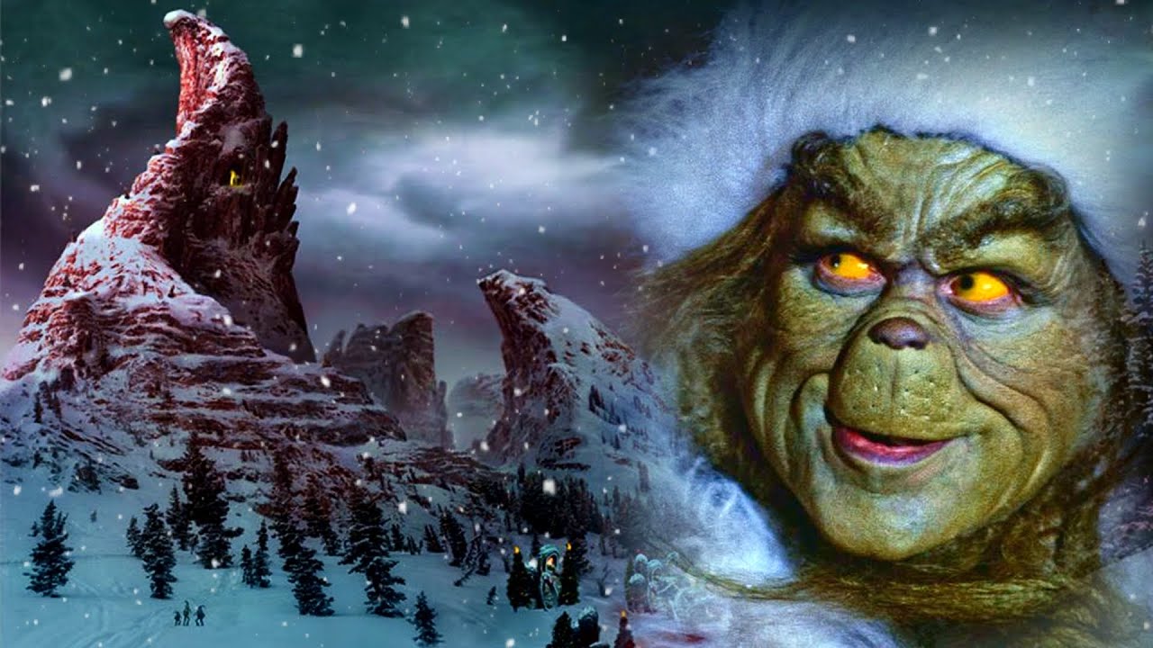 The Grinch looking down at Whoville from Mount Crumpit